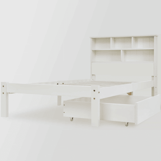 Cama individual 90x200 cm - Cama de madeira maciça com gavetas e estrado, estante, para jovens e adultos - Branco