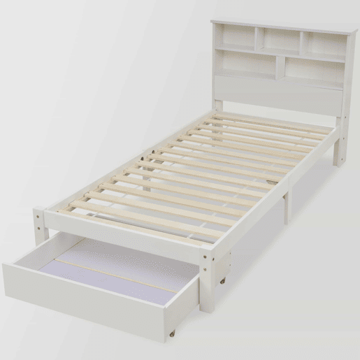 Cama individual 90x200 cm - Cama de madeira maciça com gavetas e estrado, estante, para jovens e adultos - Branco