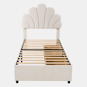 Cama individual estofada em veludo com 2 gavetas - 90x200cm - cabeceira em forma de flor - com estrado de molas - Bege