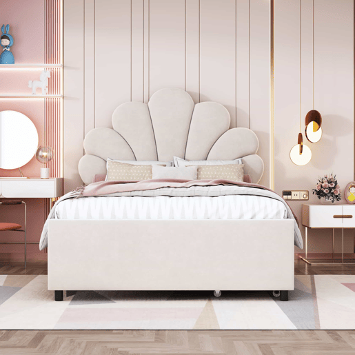 Cama individual estofada em veludo com 2 gavetas - 90x200cm - cabeceira em forma de flor - com estrado de molas - Bege