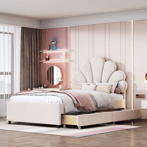 Cama individual estofada em veludo com 2 gavetas - 90x200cm - cabeceira em forma de flor - com estrado de molas - Bege