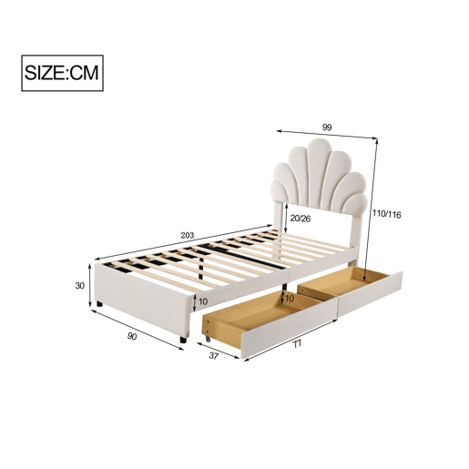 Cama individual estofada em veludo com 2 gavetas - 90x200cm - cabeceira em forma de flor - com estrado de molas - Bege