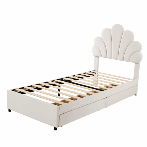 Cama individual estofada em veludo com 2 gavetas - 90x200cm - cabeceira em forma de flor - com estrado de molas - Bege