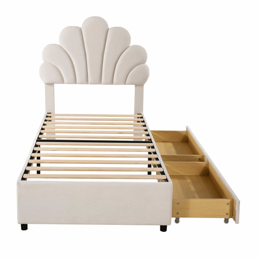 Cama individual estofada em veludo com 2 gavetas - 90x200cm - cabeceira em forma de flor - com estrado de molas - Bege