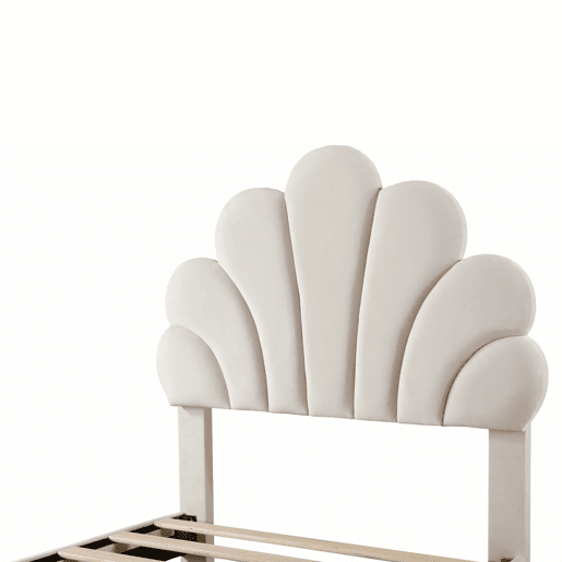 Cama individual estofada em veludo com 2 gavetas - 90x200cm - cabeceira em forma de flor - com estrado de molas - Bege