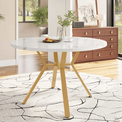 Mesa redonda de mármore 100 cm - mesa de jantar moderna e simples, base em forma de X, suporte metálico - dourado