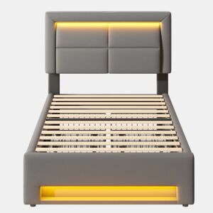 Cama em pele sintética com gavetas 90x200 cm - com LED e portas de carregamento (com e sem fios) - Cinzento