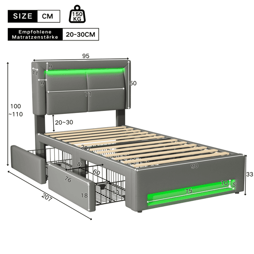 Cama em pele sintética com gavetas 90x200 cm - com LED e portas de carregamento (com e sem fios) - Cinzento