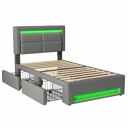 Cama em pele sintética com gavetas 90x200 cm - com LED e portas de carregamento (com e sem fios) - Cinzento