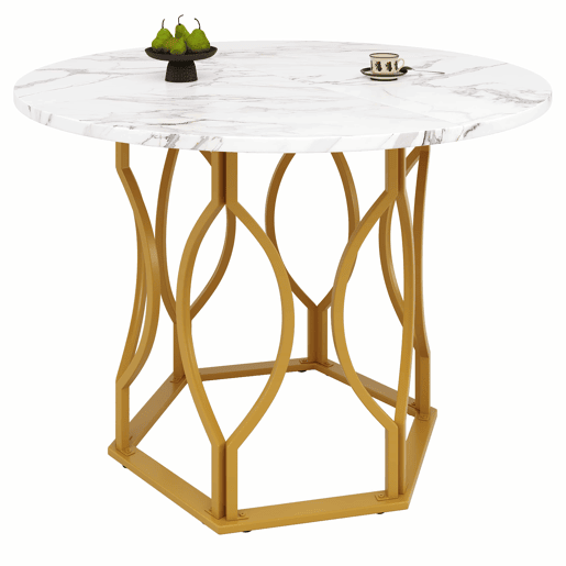 Mesa redonda 100x100 cm - Mesa de cozinha, mesa de café para 4 pessoas, com pernas metálicas e tampo em MDF marmorizado - Dourado+Branco