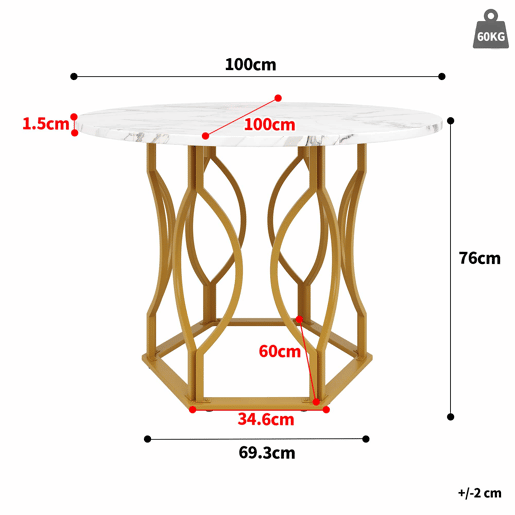 Mesa redonda 100x100 cm - Mesa de cozinha, mesa de café para 4 pessoas, com pernas metálicas e tampo em MDF marmorizado - Dourado+Branco