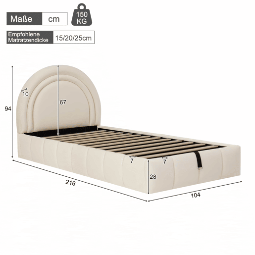 Cama infantil estofada 90x200 cm - cama com baú com abertura hidráulica, base de lâminas, cabeceira acolchoada e amplo espaço de arrumação, veludo - bege
