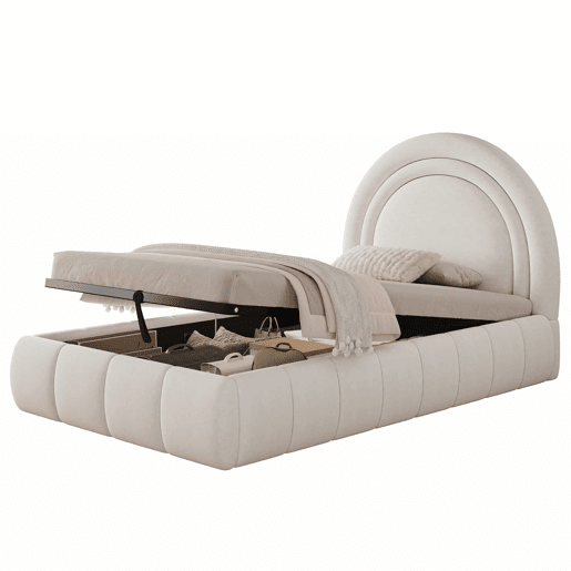 Cama infantil estofada 90x200 cm - cama com baú com abertura hidráulica, base de lâminas, cabeceira acolchoada e amplo espaço de arrumação, veludo - bege