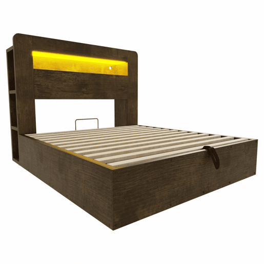 Cama de plataforma 140x200 - espaço de arrumação, sistema hidráulico, luzes LED na cabeceira, tomadas integradas - madeira vintage