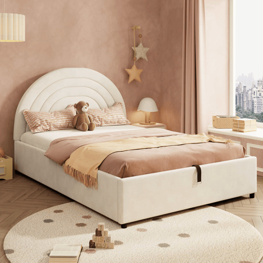 Cama estofada 140x190 - com base, cabeceira, ripas de madeira, montagem fácil, para jovens e adultos - Bege