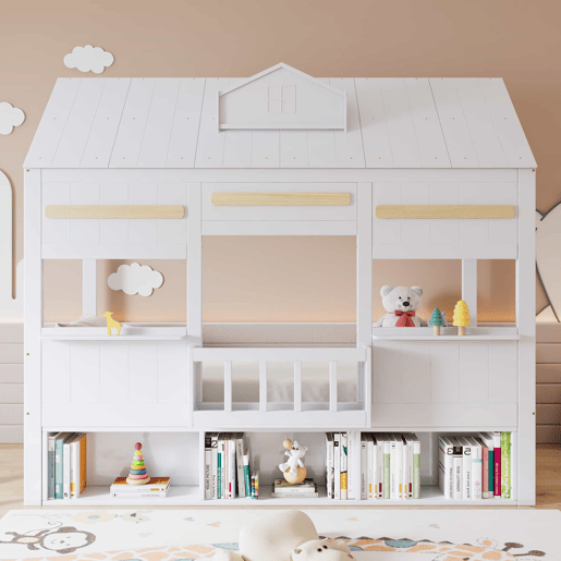 Cama alta infantil 90x200 - Design em forma de casa com prateleira, base robusta - Branco