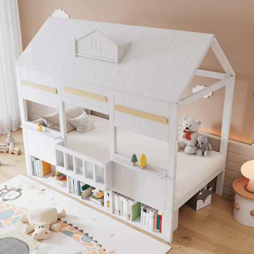 Cama alta infantil 90x200 - Design em forma de casa com prateleira, base robusta - Branco
