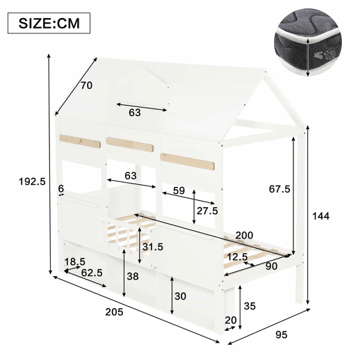 Cama alta infantil 90x200 - Design em forma de casa com prateleira, base robusta - Branco
