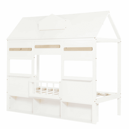 Cama alta infantil 90x200 - Design em forma de casa com prateleira, base robusta - Branco