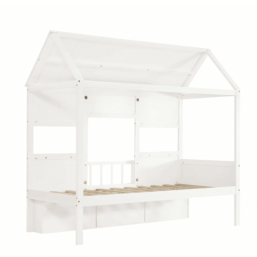 Cama alta infantil 90x200 - Design em forma de casa com prateleira, base robusta - Branco
