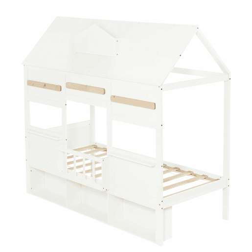 Cama alta infantil 90x200 - Design em forma de casa com prateleira, base robusta - Branco