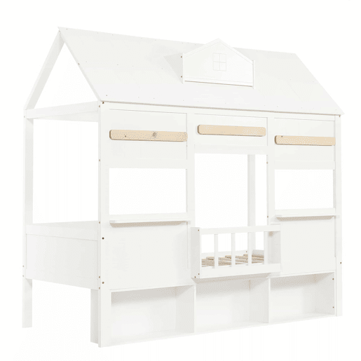 Cama alta infantil 90x200 - Design em forma de casa com prateleira, base robusta - Branco