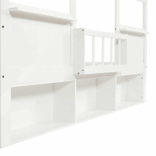 Cama alta infantil 90x200 - Design em forma de casa com prateleira, base robusta - Branco