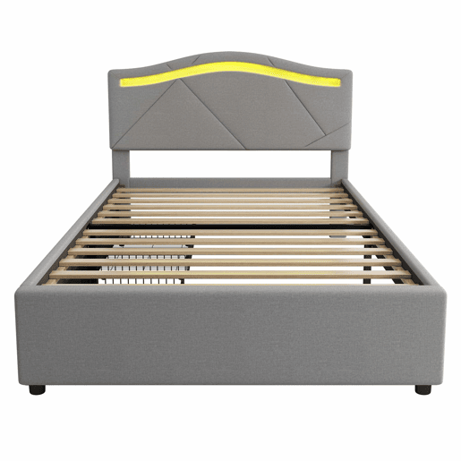 Cama estofada 90x200cm - Com estrado (sem colchão), Iluminação ambiente controlada por controlo remoto, Com duas gavetas, Encosto ajustável, Leinen, Minimalista - Cinza