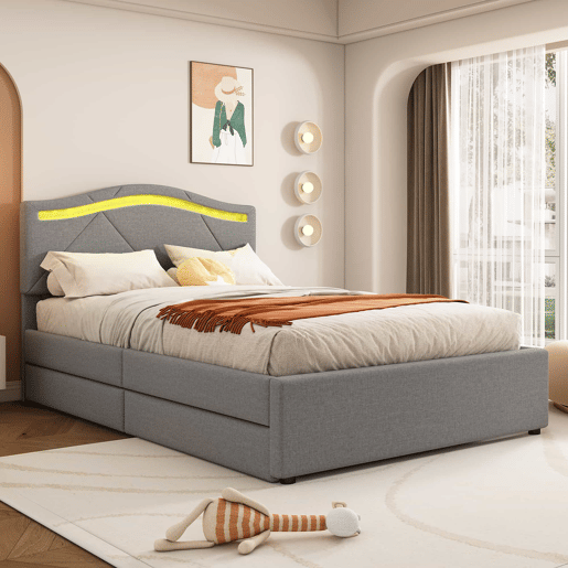 Cama estofada 90x200cm - Com estrado (sem colchão), Iluminação ambiente controlada por controlo remoto, Com duas gavetas, Encosto ajustável, Leinen, Minimalista - Cinza