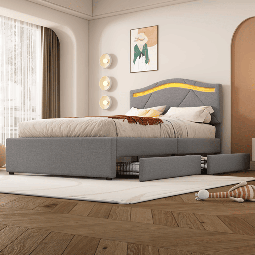 Cama estofada 90x200cm - Com estrado (sem colchão), Iluminação ambiente controlada por controlo remoto, Com duas gavetas, Encosto ajustável, Leinen, Minimalista - Cinza