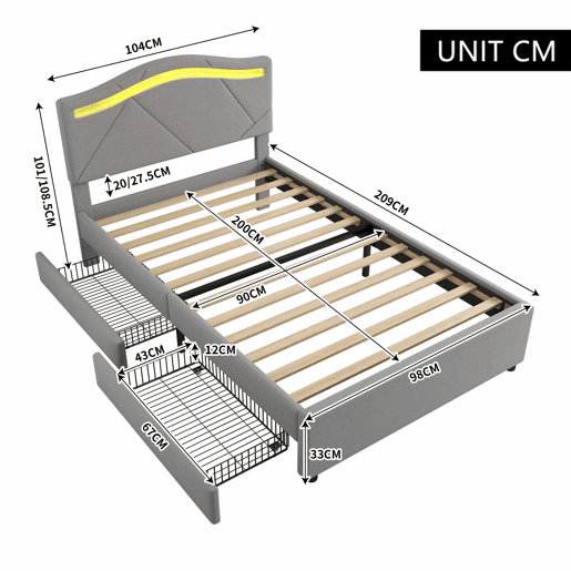 Cama estofada 90x200cm - Com estrado (sem colchão), Iluminação ambiente controlada por controlo remoto, Com duas gavetas, Encosto ajustável, Leinen, Minimalista - Cinza