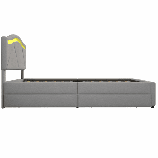 Cama estofada 90x200cm - Com estrado (sem colchão), Iluminação ambiente controlada por controlo remoto, Com duas gavetas, Encosto ajustável, Leinen, Minimalista - Cinza