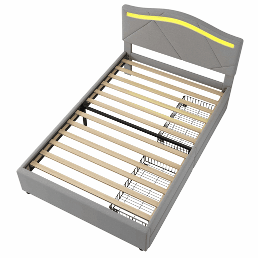 Cama estofada 90x200cm - Com estrado (sem colchão), Iluminação ambiente controlada por controlo remoto, Com duas gavetas, Encosto ajustável, Leinen, Minimalista - Cinza