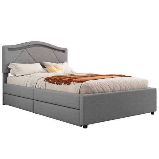 Cama estofada 90x200cm - Com estrado (sem colchão), Iluminação ambiente controlada por controlo remoto, Com duas gavetas, Encosto ajustável, Leinen, Minimalista - Cinza