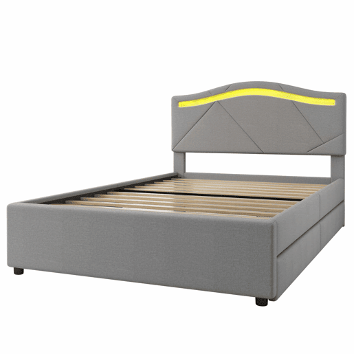 Cama estofada 90x200cm - Com estrado (sem colchão), Iluminação ambiente controlada por controlo remoto, Com duas gavetas, Encosto ajustável, Leinen, Minimalista - Cinza