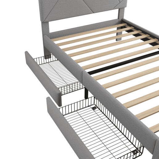 Cama estofada 90x200cm - Com estrado (sem colchão), Iluminação ambiente controlada por controlo remoto, Com duas gavetas, Encosto ajustável, Leinen, Minimalista - Cinza