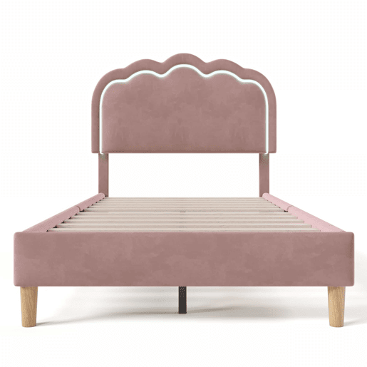 Cama estofada em veludo 90x200cm - com LED e estrado - Rosa