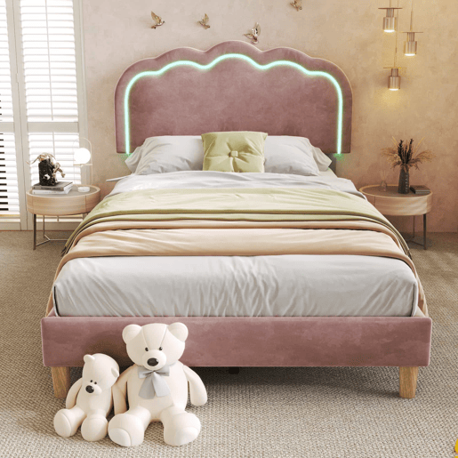 Cama estofada em veludo 90x200cm - com LED e estrado - Rosa