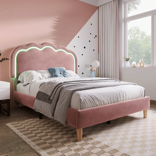 Cama estofada em veludo 90x200cm - com LED e estrado - Rosa