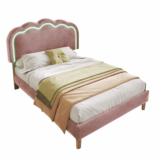 Cama estofada em veludo 90x200cm - com LED e estrado - Rosa