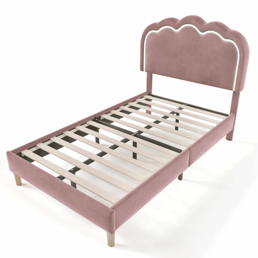 Cama estofada em veludo 90x200cm - com LED e estrado - Rosa