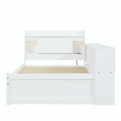 Cama individual 90x200 - cabeceira com prateleira e luzes, porta de carregamento, armários e gavetas laterais - branco