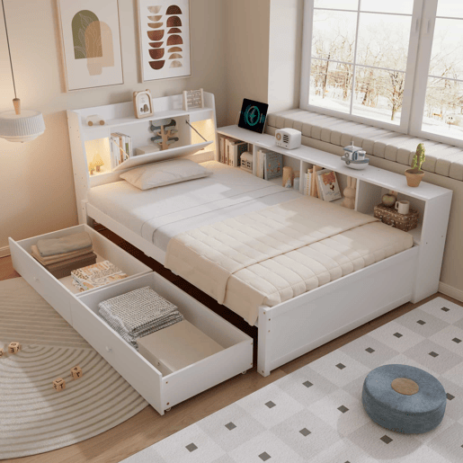 Cama individual 90x200 - cabeceira com prateleira e luzes, porta de carregamento, armários e gavetas laterais - branco