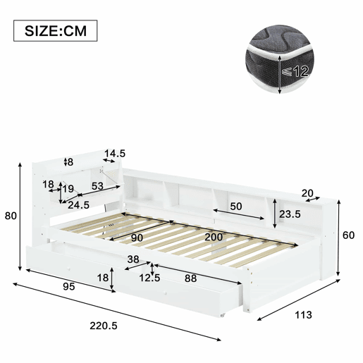 Cama individual 90x200 - cabeceira com prateleira e luzes, porta de carregamento, armários e gavetas laterais - branco