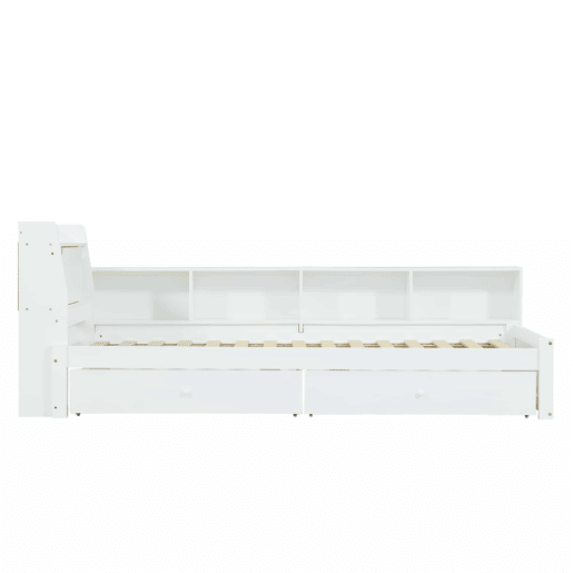 Cama individual 90x200 - cabeceira com prateleira e luzes, porta de carregamento, armários e gavetas laterais - branco