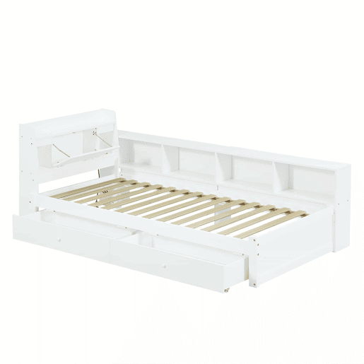 Cama individual 90x200 - cabeceira com prateleira e luzes, porta de carregamento, armários e gavetas laterais - branco