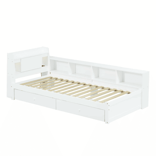 Cama individual 90x200 - cabeceira com prateleira e luzes, porta de carregamento, armários e gavetas laterais - branco