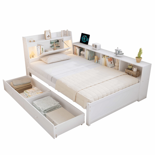 Cama individual 90x200 - cabeceira com prateleira e luzes, porta de carregamento, armários e gavetas laterais - branco