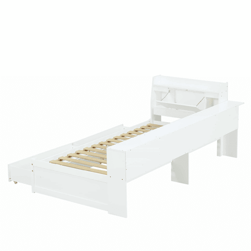 Cama individual 90x200 - cabeceira com prateleira e luzes, porta de carregamento, armários e gavetas laterais - branco