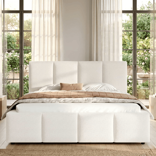 Cama estofada 160 x 200 cm - com base de lâminas e cabeceira acolchoada Bouclé - bege